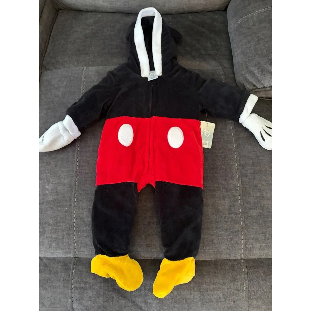 Disney Baby Mickey Mouse Plush Hooded Costume Coverall 12-18M Black Red New